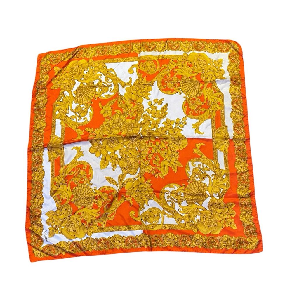 Vintage Chalmers Italian Silk Scarf Orange Gold Baroque Floral Square 34 X 34